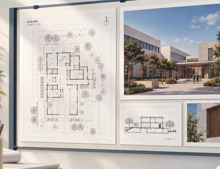 Plans et rendus d'architecte imprimés en grand format (illustration)