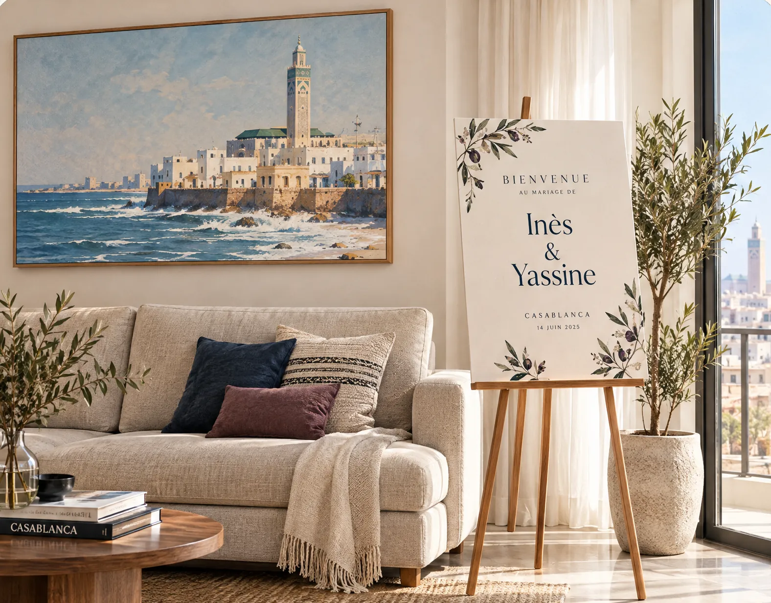 Salon décoré d'une grande toile imprimée (illustration)