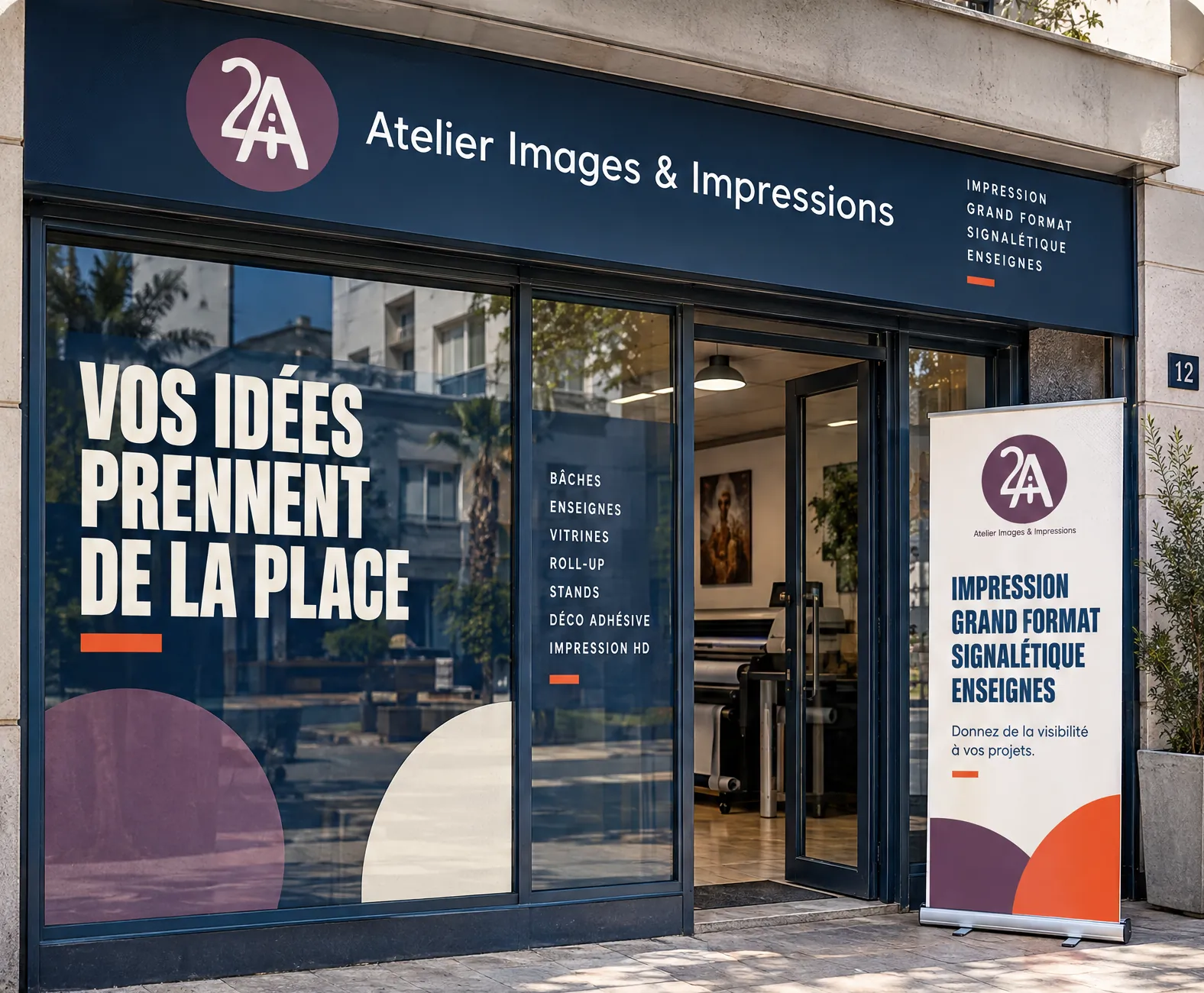 Vitrine et enseigne de boutique habillées en grand format (illustration)